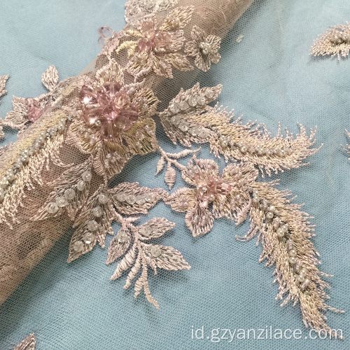Oranye Berat Pekerjaan Tangan Beaded Embroidery Lace Fabric